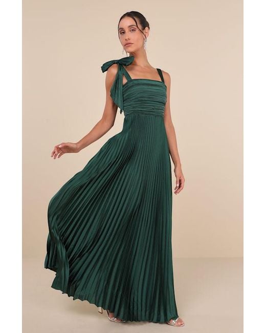 Lulus Green Gorgeous Purpose Emerald Satin Pleated Sleeveless Bow Maxi Dress