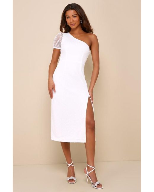 Lulus Natural Amazing Glamour Polka Dot Mesh One-Shoulder Midi Dress