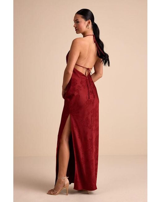 Lulus Red Ayura Satin Jacquard Tie-Back Halter Maxi Dress