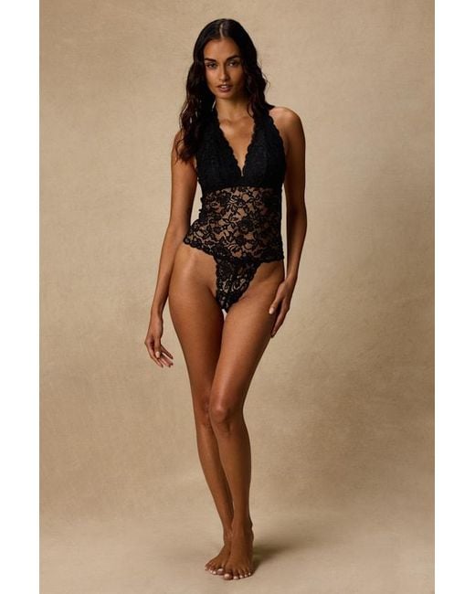 Lulus Brown Lara Sheer Lace Halter Bodysuit