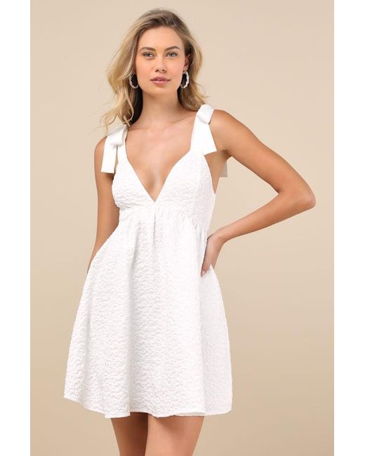 Lulus White Darling Composure Jacquard Floral Tie-Strap Mini Dress