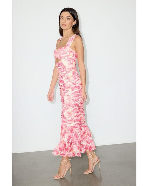Lulus Pink Aelara Floral Mesh Ruched Trumpet Midi Dress