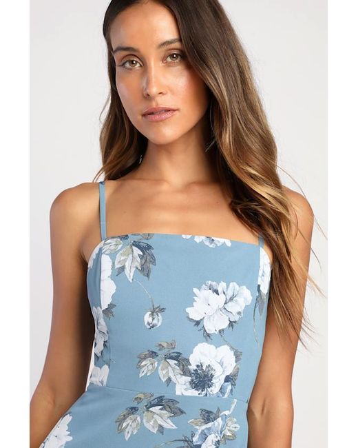 Lulus Blue Feeling Elegant Floral Print Lace-Up Slit Maxi Dress