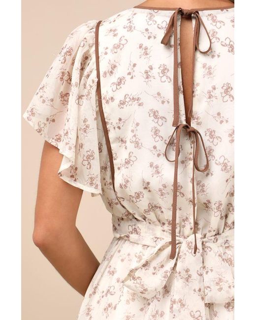Lulus Natural Adored Outing Floral Flutter Sleeve Surplice Mini Dress