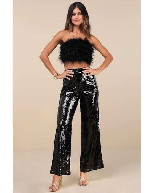 Lulus Black Celebrity Shine Feather Sequin Two-Piece Jumpsuit