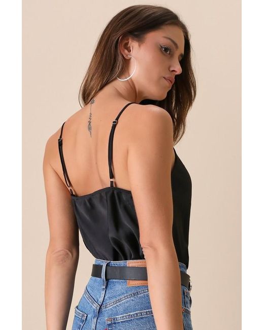 Lulus Black Emmerson Satin Sleeveless Cowl Neck Bodysuit