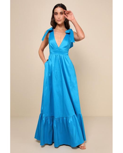 Lulus Blue Rare Charm Taffeta Tie-Strap Maxi Dress With Pockets