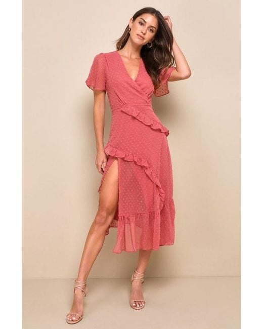 Lulus Pink Next To You Rusty Rose Swiss Dot Ruffled Midi Dress