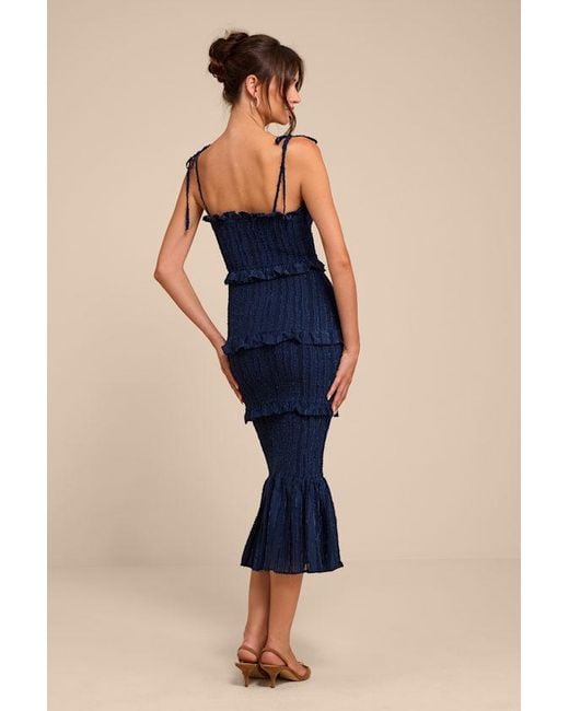 Lulus Blue Aymana Smocked Bodycon Midi Dress
