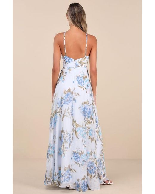 Lulus Blue Romantic Marvel Floral Print Halter Neck Maxi Dress