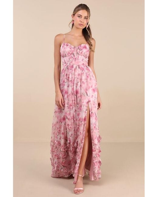 Lulus Pink Novella Floral Ruffled Bustier Lace-Up Maxi Dress