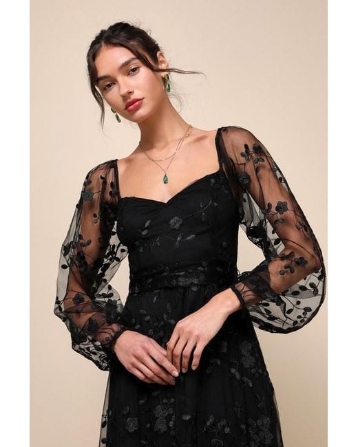 Lulus Black Darling Charisma Mesh Embroidered Midi Dress