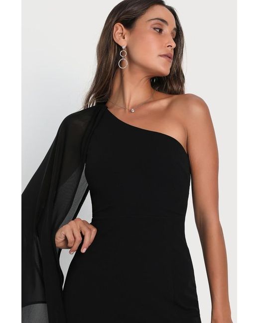 Lulus Black Majestic Attitude Cape Sleeve One-Shoulder Maxi Dress