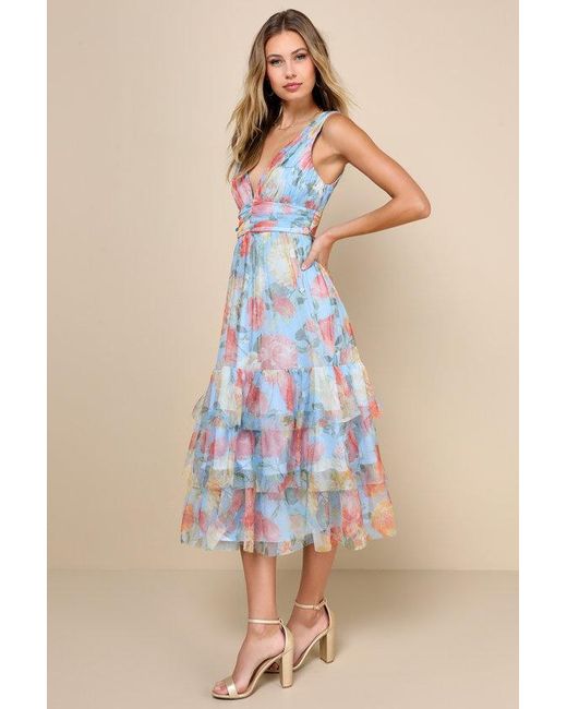 Lulus Blue Perfectly Divine Floral Tulle Tiered Ruffled Midi Dress