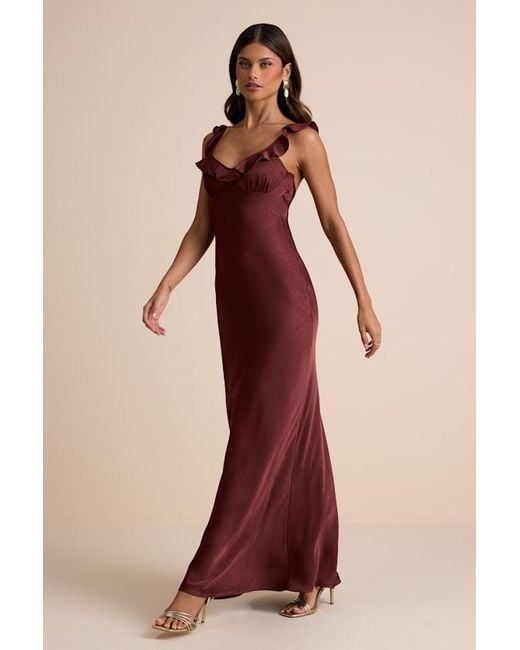 Lulus Brown Angela Satin Ruffed Slip Maxi Dress