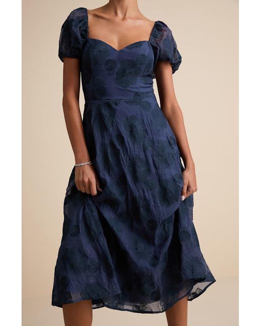 Lulus Blue Sweetest Behavior Embroidered Puff Sleeve Midi Dress