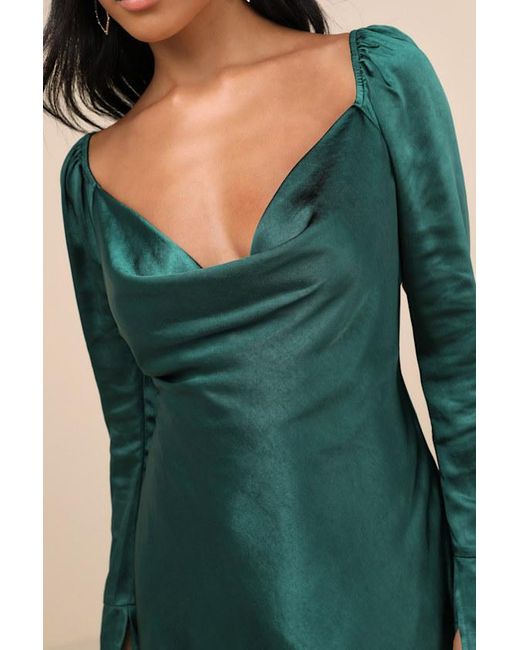 Lulus Green Sensational Fate Satin Cowl Neck Mini Dress