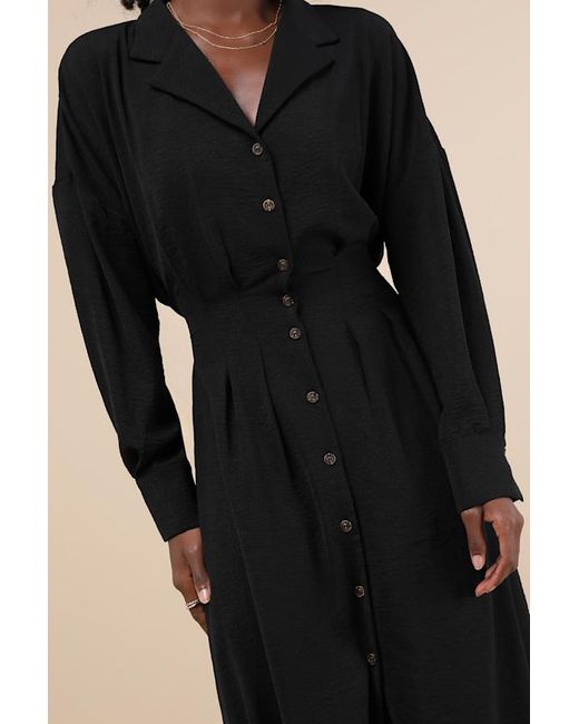 Lulus Black Timeless Class Collared Button-Up Pleated Midi Dress