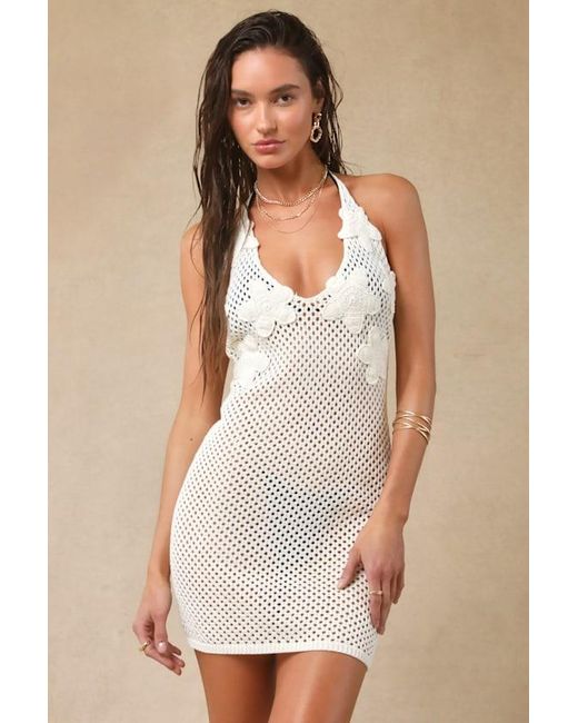Lulus Natural Beachy Tidings Cream Crochet Halter Mini Swim Cover-Up