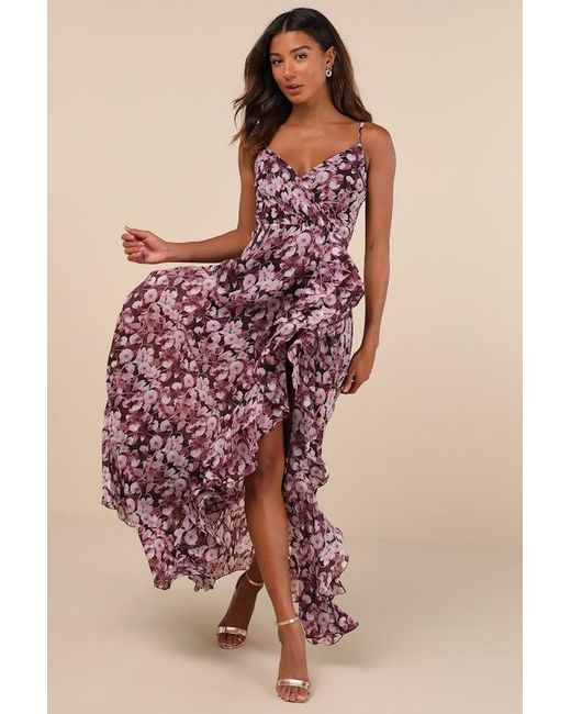 Lulus Multicolor Illustrious Aura Plum Floral Ruffled Surplice Maxi Dress