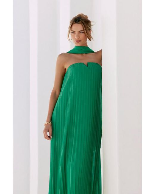 Lulus Green Lael Pleated Strapless Dress And Scarf Set