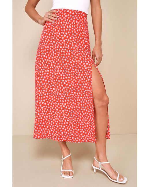 Lulus Pink Cute Desires Ditsy Floral Print High-Rise Midi Skirt