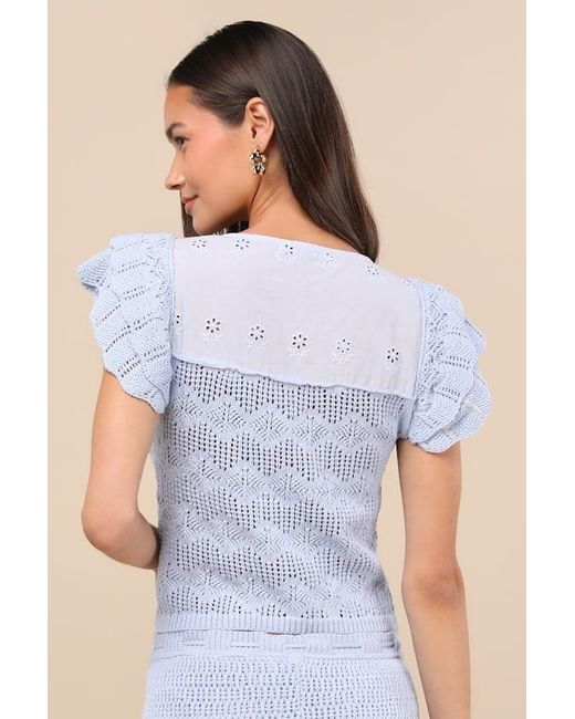 JACQUIE THE LABEL Blue Caroline Crochet Knit Flutter Sleeve Top