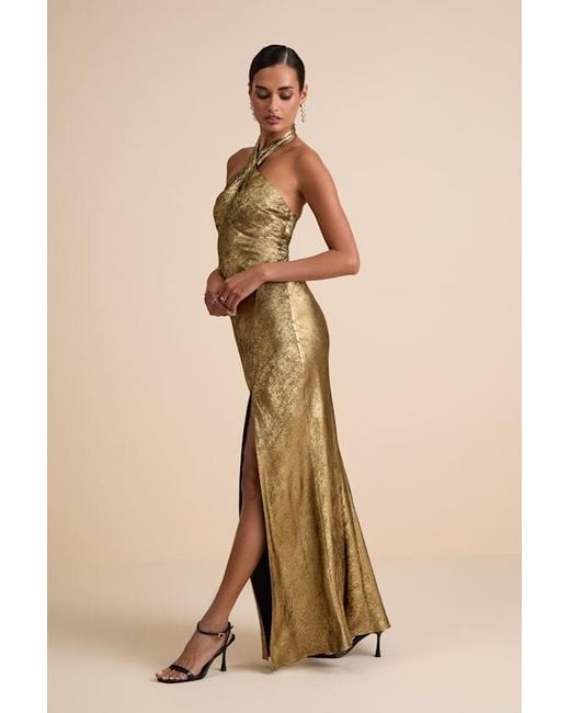 Lulus Natural Knoxley Shiny Lurex Cross-Front Halter Maxi Dress