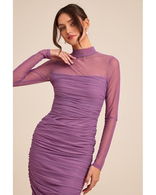 Lulus Pink Impressive Flirt Mesh Ruched Mock Neck Midi Dress