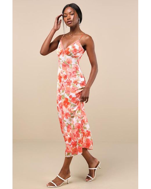 Lulus Red Mattie Floral Satin Lace Midi Slip Dress