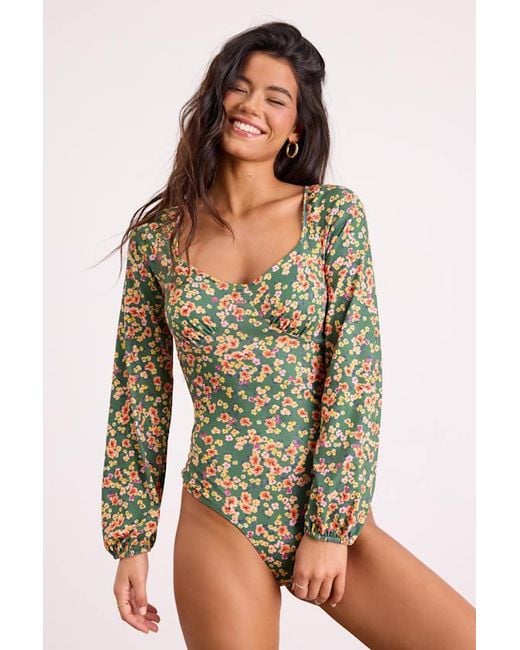 Lulus Green Blossom Beauty Floral Print Long Sleeve Bodysuit