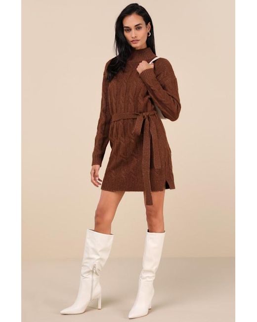 Lulus Natural Warmed Up To You Cable Knit Mock Neck Sweater Dress