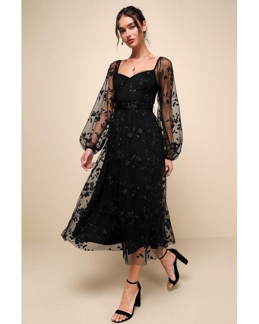 Lulus Black Darling Charisma Mesh Embroidered Midi Dress