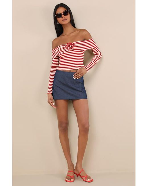 Lulus Red Danon And Cream Striped Rosette Off-The-Shoulder Top