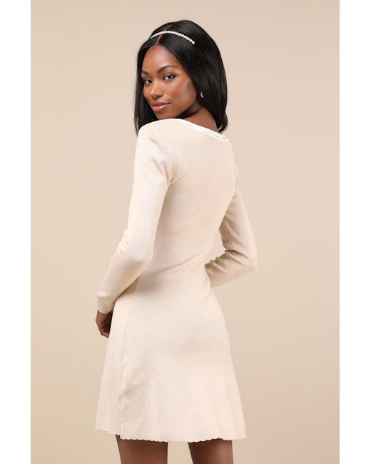 Lulus Natural Definitely Sweet Scalloped Long Sleeve Mini Sweater Dress
