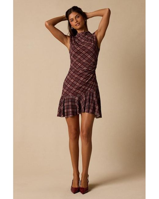 Lulus Red Selvia Plaid Ruched Mesh Mini Dress
