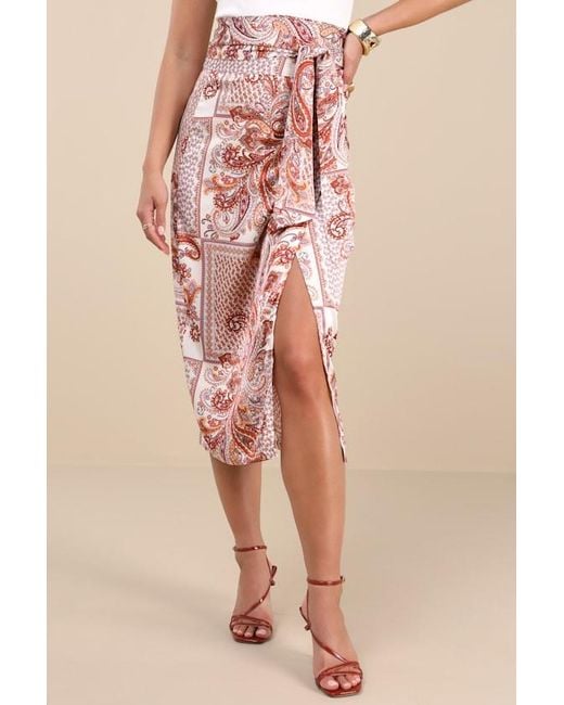 Lulus Brown Take A Walk With Me Paisley Print Satin Wrap Midi Skirt