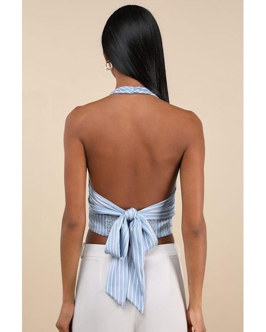 Lulus Blue Damaina Striped Satin Tie-Back Halter Top