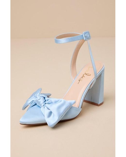 Lulus Blue Suttonn Satin Bow Ankle Strap Pointed-Toe Pumps
