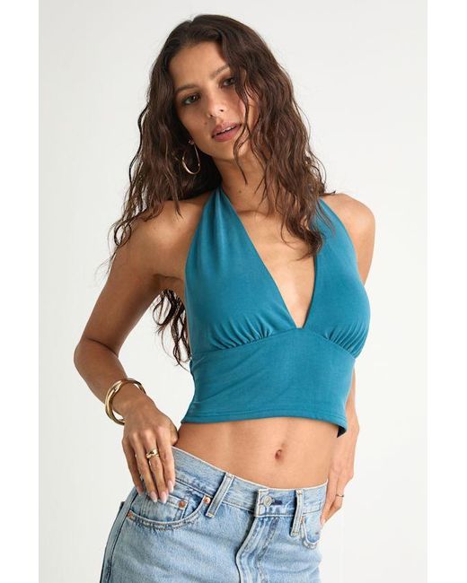 Lulus Blue Niyara Dark Jersey Knit Halter Crop Top