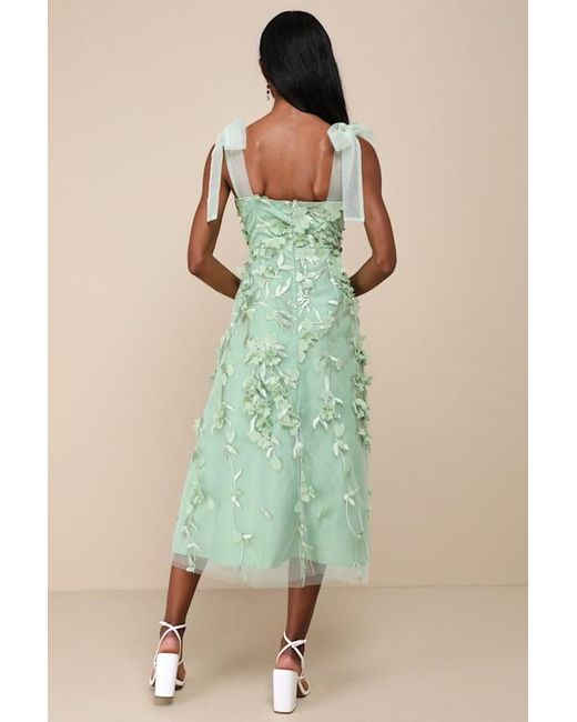 Lulus Green Effortlessly Sweet Sage Tulle 3D Floral Tie-Strap Midi Dress