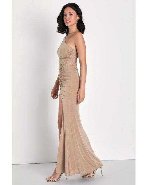 Lulus Natural Especially Breathtaking Ruched One-Shoulder Maxi Dress