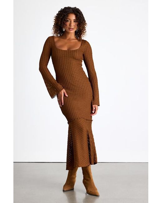Lulus Brown Nelida Textured Long Sleeve Midi Dress