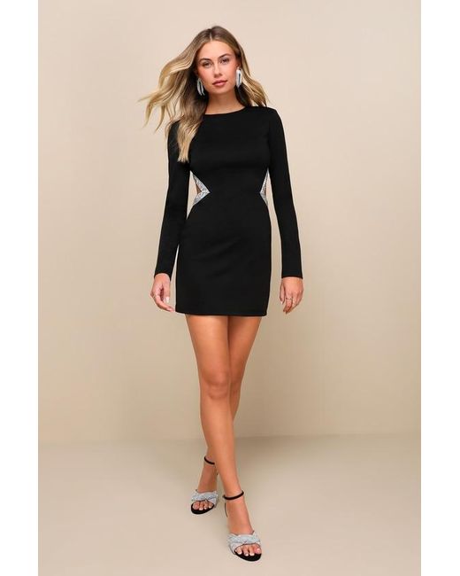 Lulus Black Sparkling Stunner Rhinestone Cutout Long Sleeve Mini Dress