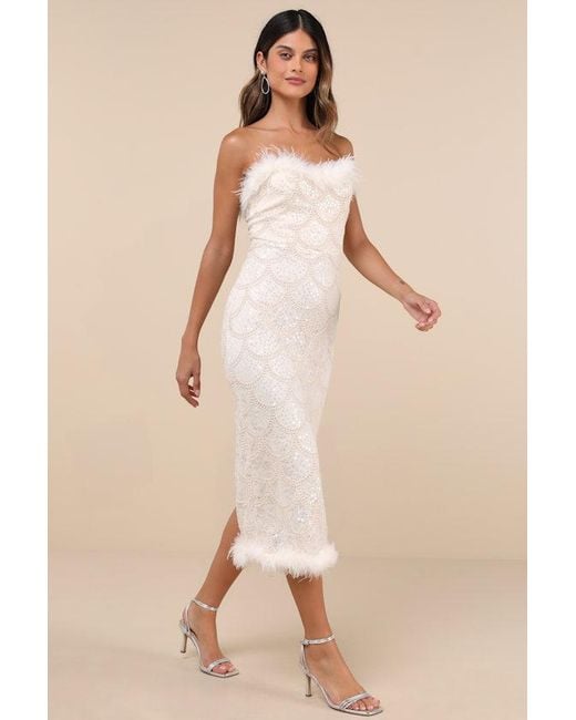 Lulus Natural Uniquely Confident Cream Lace Feather Strapless Midi Dress