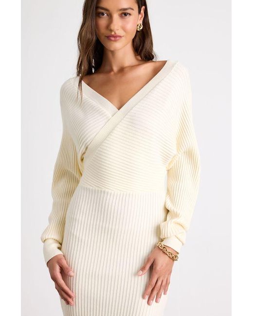 Lulus White Bixby Ribbed Surplice Bodycon Sweater Midi Dress