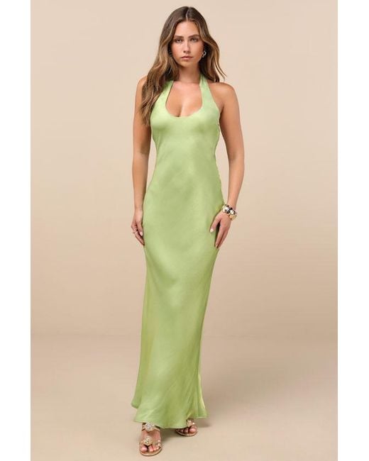 Lulus Green Lashay Light Satin Halter Mermaid Maxi Dress