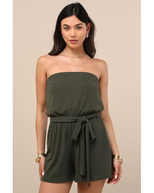 Lulus Green Leisurely Moments Dark Ribbed Knit Strapless Lounge Romper