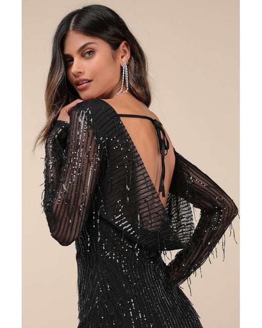 Lulus Blue Glittery Devotion Sequin Fringe Maxi Dress