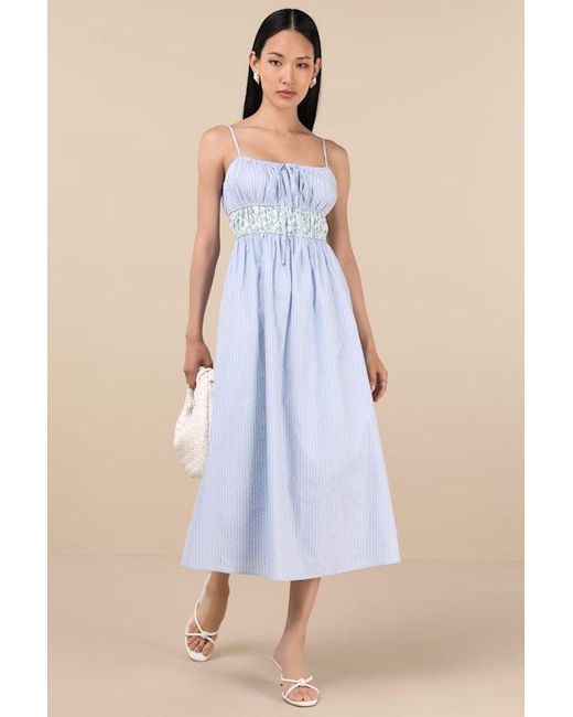 Lulus Blue Shereen Striped And Floral Sleeveless Poplin Midi Dress